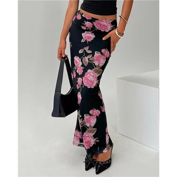Women's Maxi Skirt Mesh Floral Print Black x Pink - Picture 2 of 6